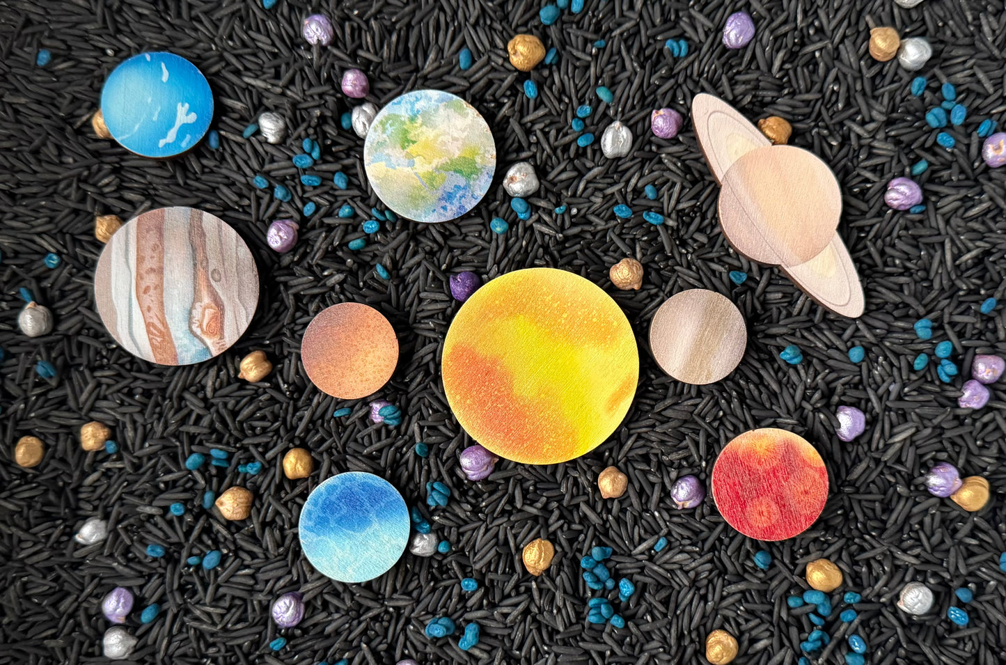 Wooden Planet Props Set for Space Theme Sensory Play/Bin (9 Pieces)