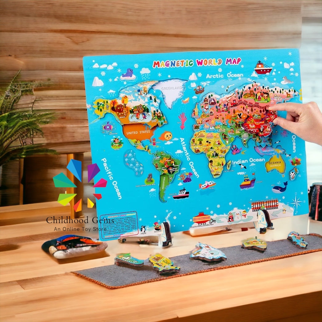 LARGE Wooden Magnetic World Map For Kids With Country Flash Cards (92) & National Flag CT