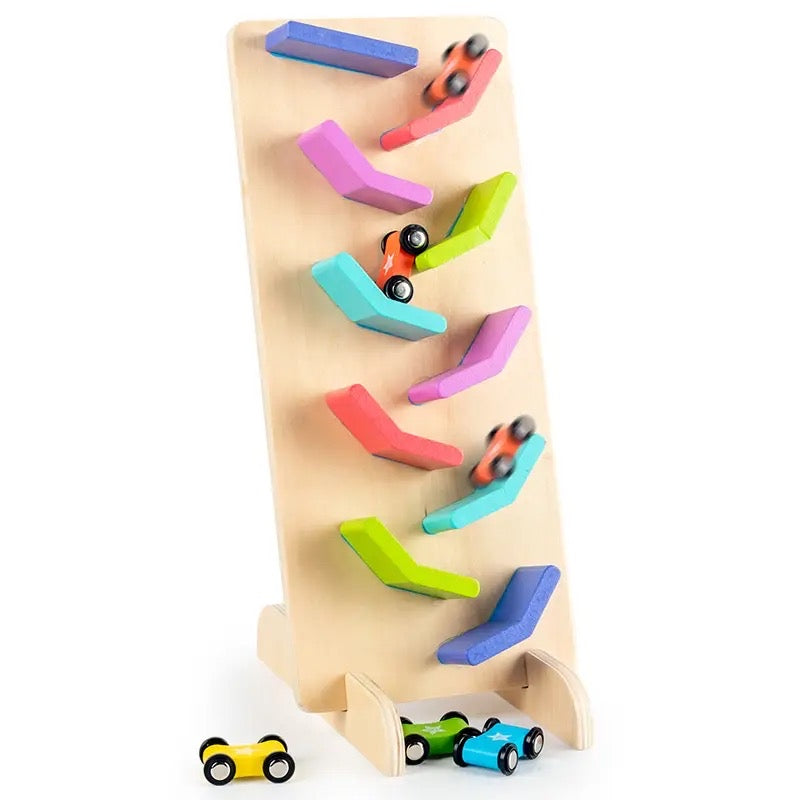 Two Sided Wooden Car Race Track and Fish Ball Run Toy