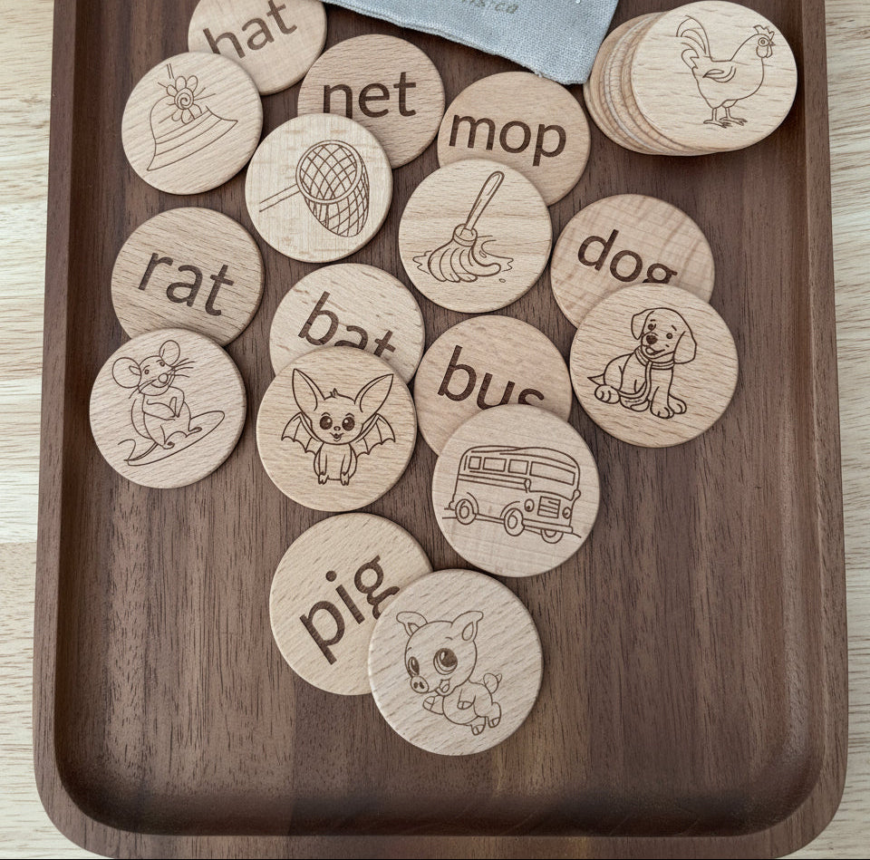 CVC Words & Picture Matching Flashcards (discs) - Natural Wooden Learning Set (24pcs)