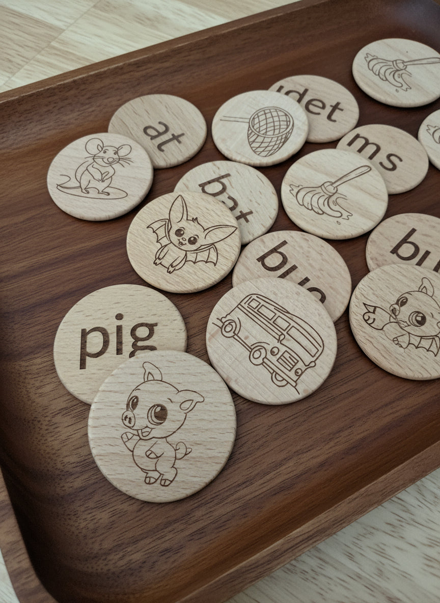 CVC Words & Picture Matching Flashcards (discs) - Natural Wooden Learning Set (24pcs)