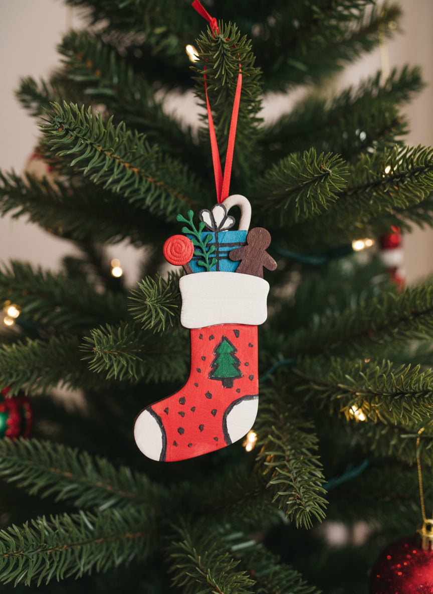 Wooden Christmas Stocking Ornament - Handcrafted & Painted in Canada