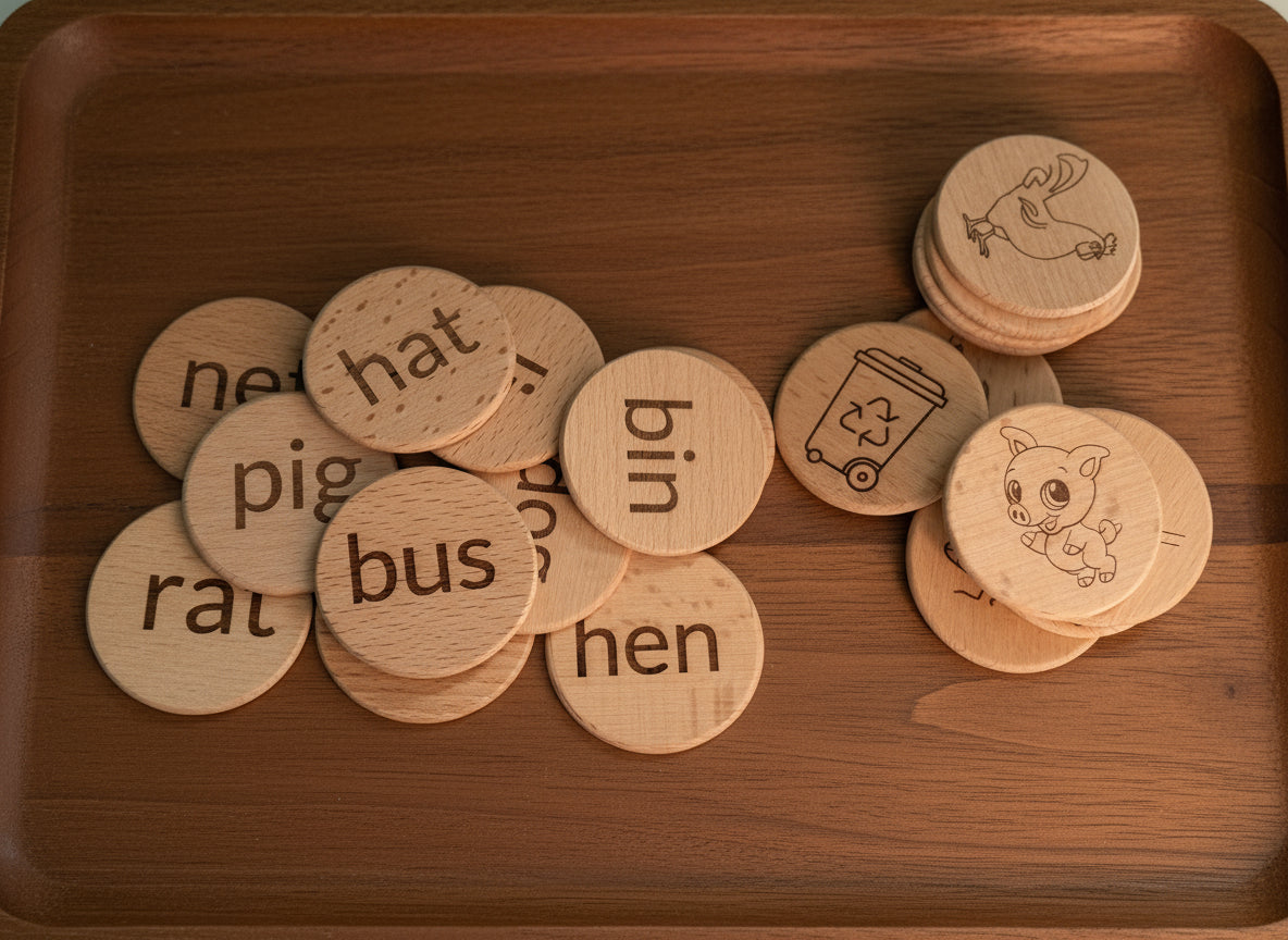 CVC Words & Picture Matching Flashcards (discs) - Natural Wooden Learning Set (24pcs)