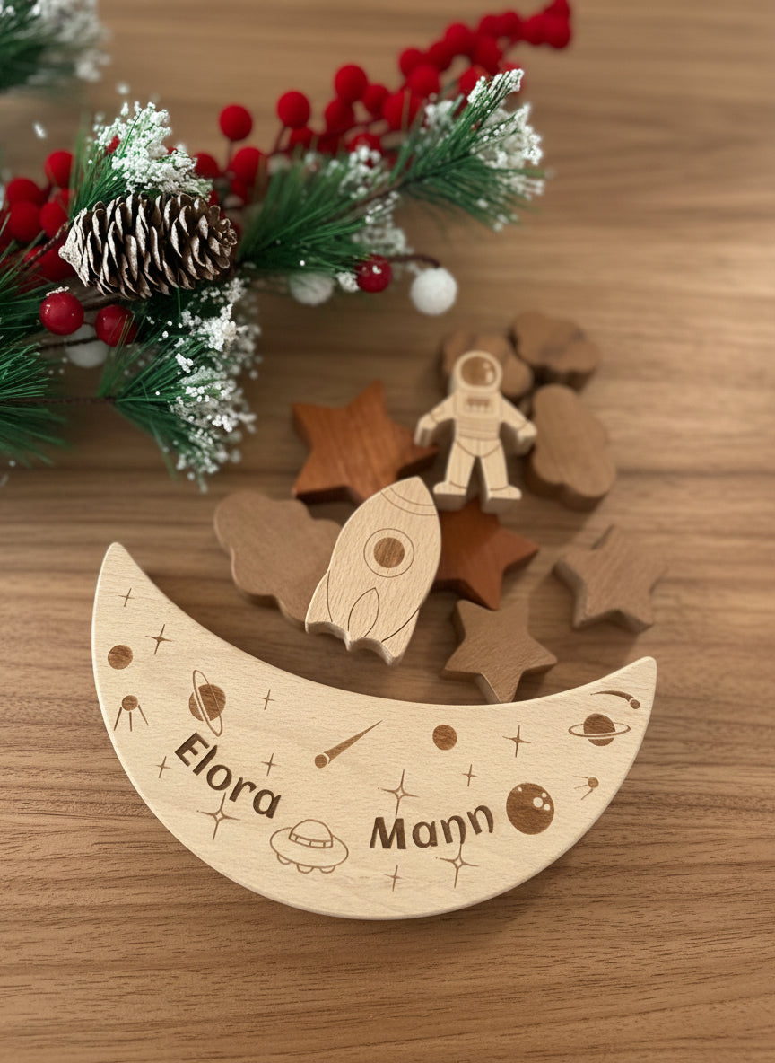 Customizable Wooden Astronaut, Moon, Cloud : Space Stacking Toy