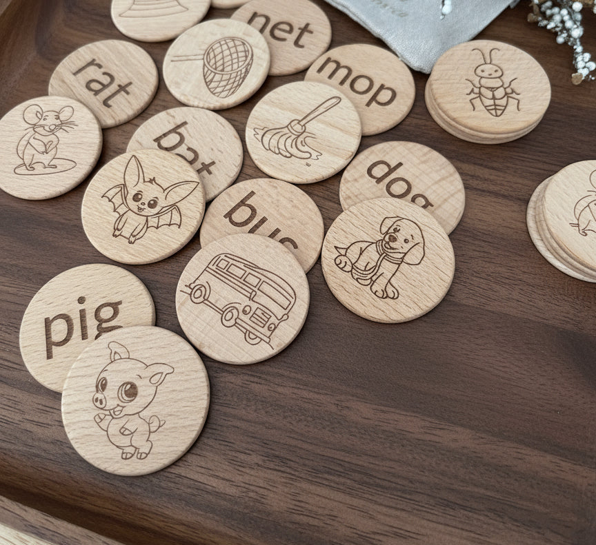 CVC Words & Picture Matching Flashcards (discs) - Natural Wooden Learning Set (24pcs)