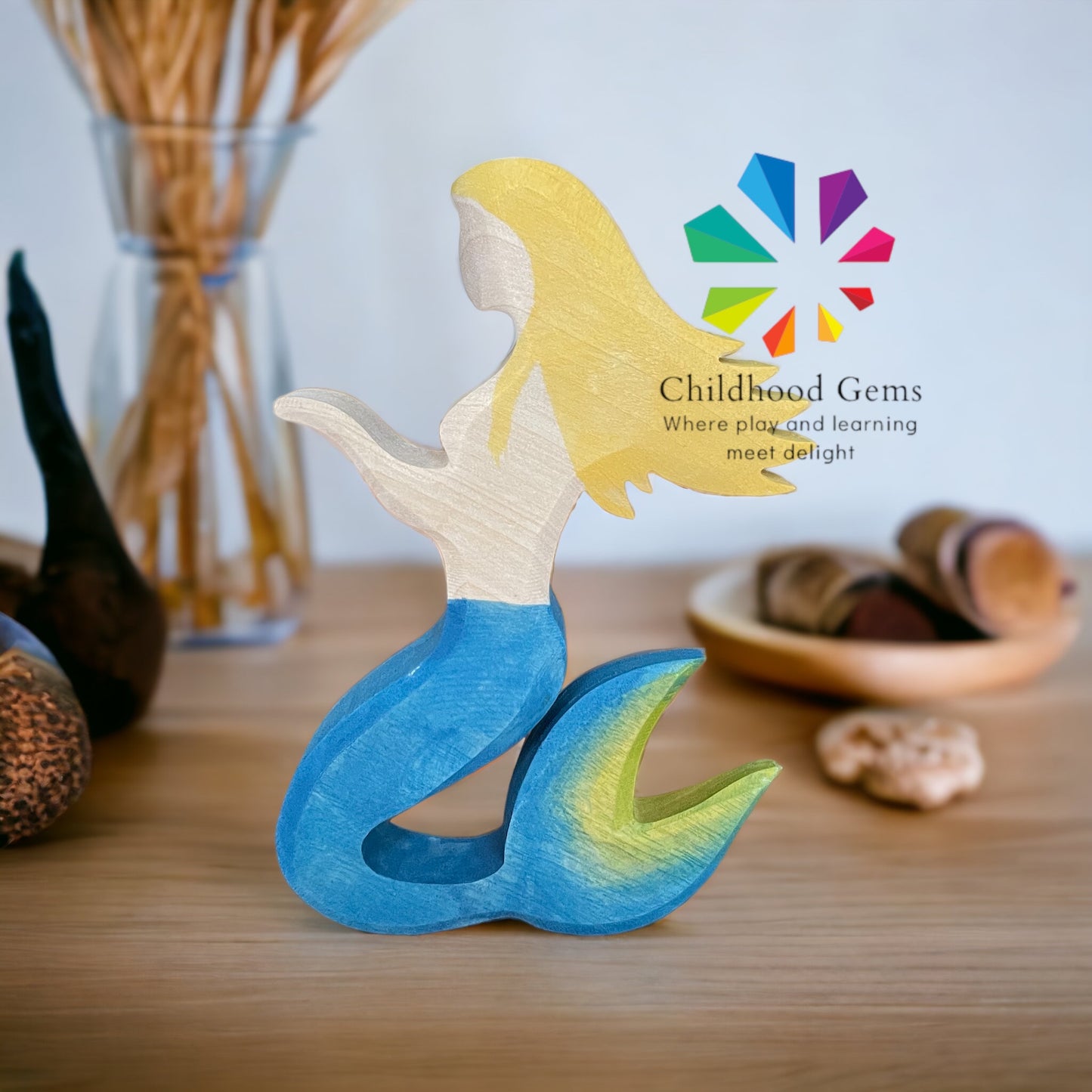 Hand Crafted Wooden Mermaid Toy for Open-ended Play