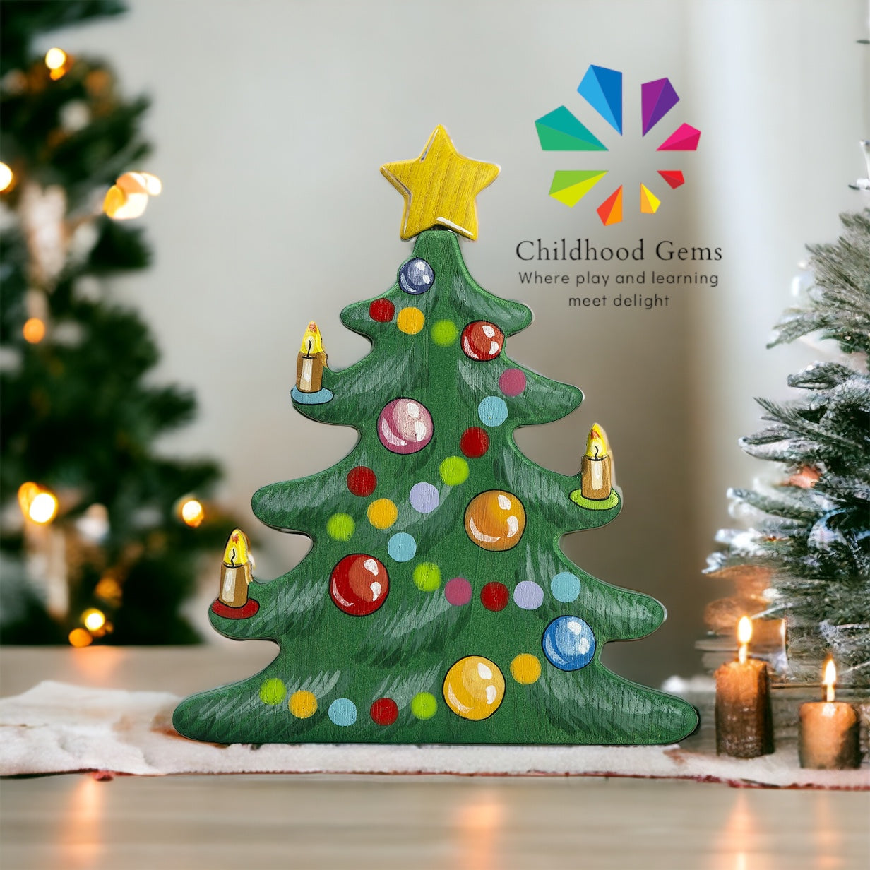 Wooden Caterpillar Christmas Tree with removable base and the top star.