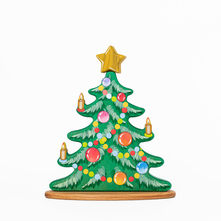 Wooden Caterpillar Christmas Tree with removable base and the top star.