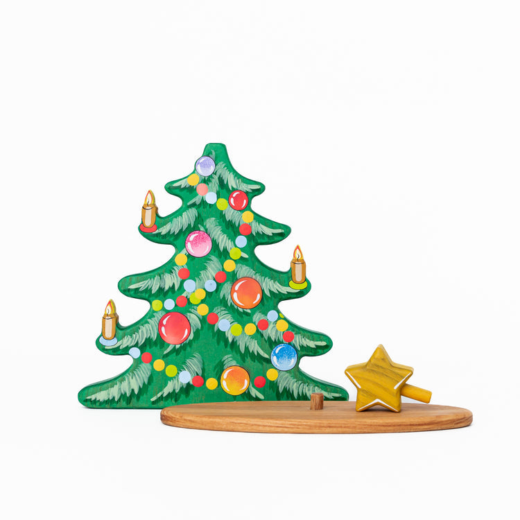 Wooden Caterpillar Christmas Tree with removable base and the top star.