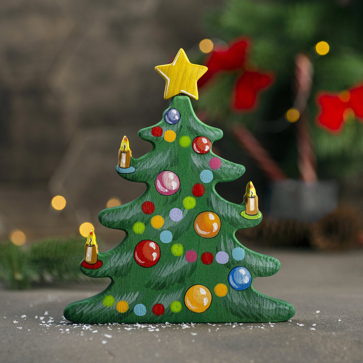 Wooden Caterpillar Christmas Tree with removable base and the top star.