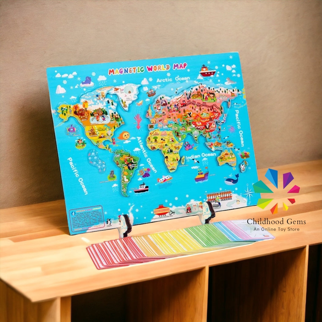 LARGE Wooden Magnetic World Map For Kids With Country Flash Cards (92) & National Flag CT
