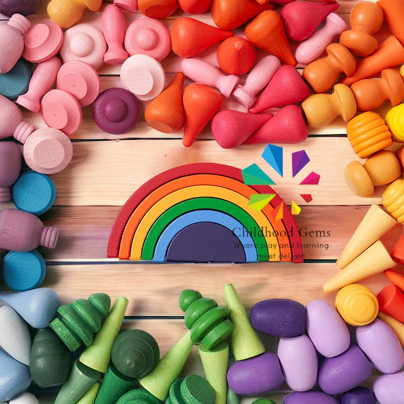 Wooden Mandala Loose Parts with Mini Rainbow and Mini Natural Wooden Building Blocks Play Set (252 Pcs )