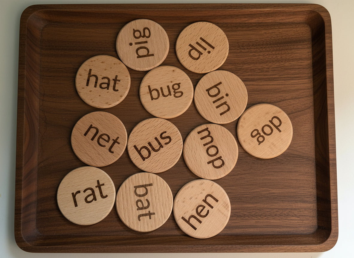 CVC Words & Picture Matching Flashcards (discs) - Natural Wooden Learning Set (24pcs)