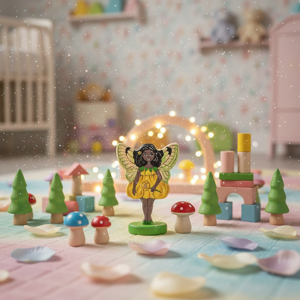 Wooden Yellow Fairy with Afro-American features