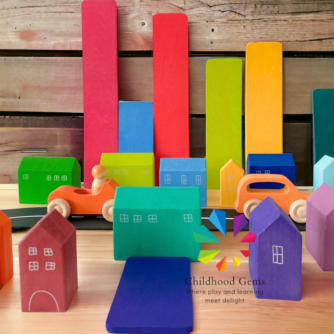 Wooden Building Houses Set for Toddler & Children
