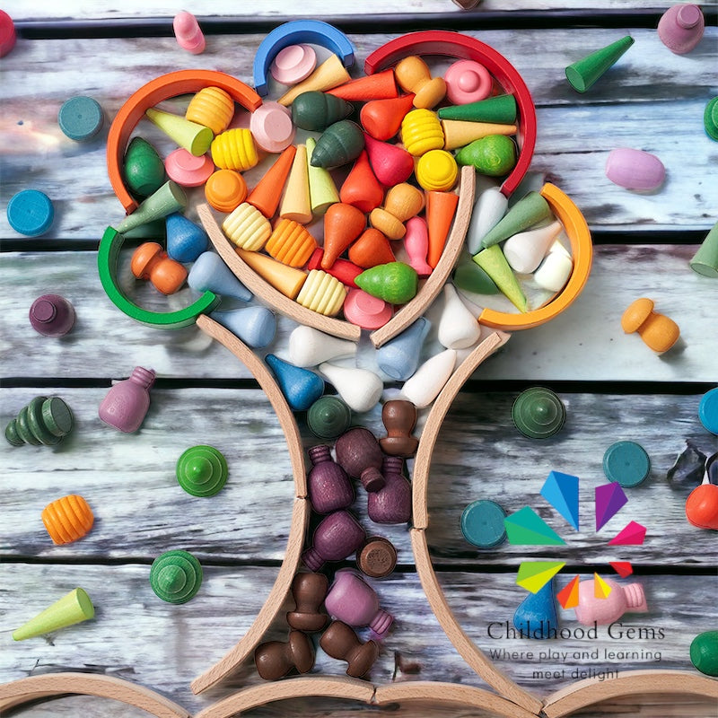 Wooden Mandala Loose Parts with Mini Rainbow and Mini Natural Wooden Building Blocks Play Set (252 Pcs )