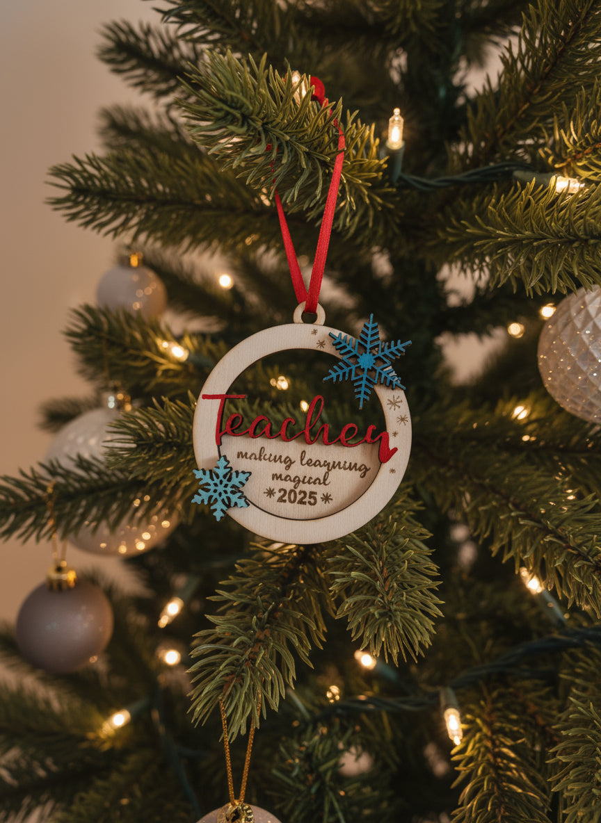 Handcrafted Wooden Christmas Ornament – Teacher Edition