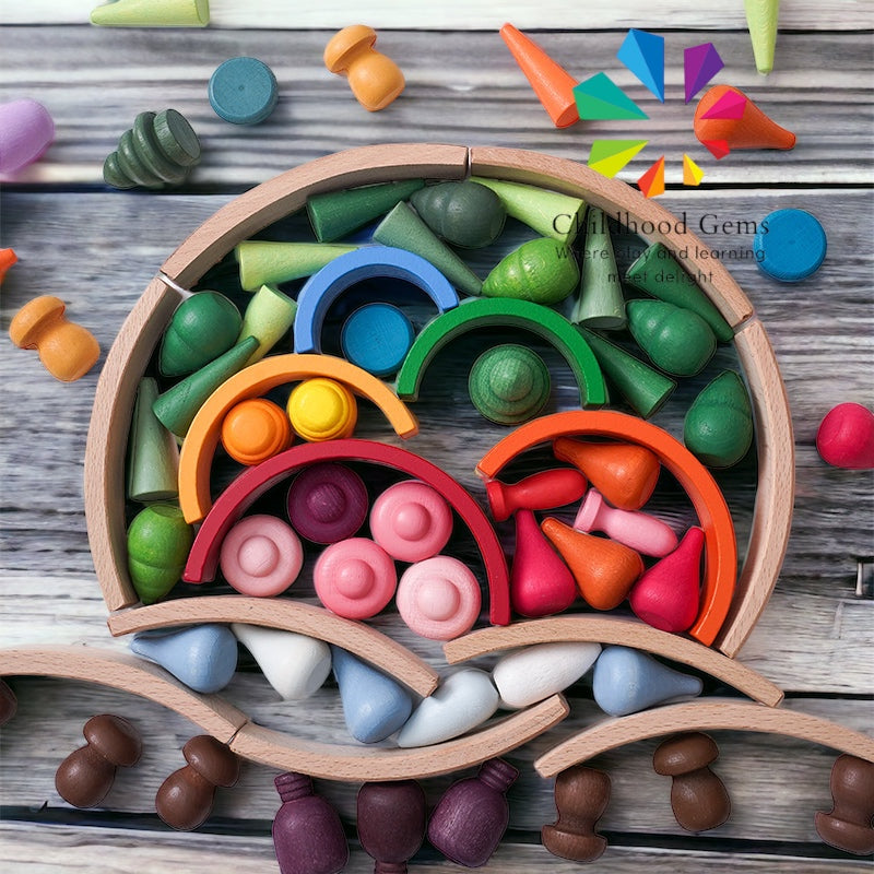 Wooden Mandala Loose Parts with Mini Rainbow and Mini Natural Wooden Building Blocks Play Set (252 Pcs )
