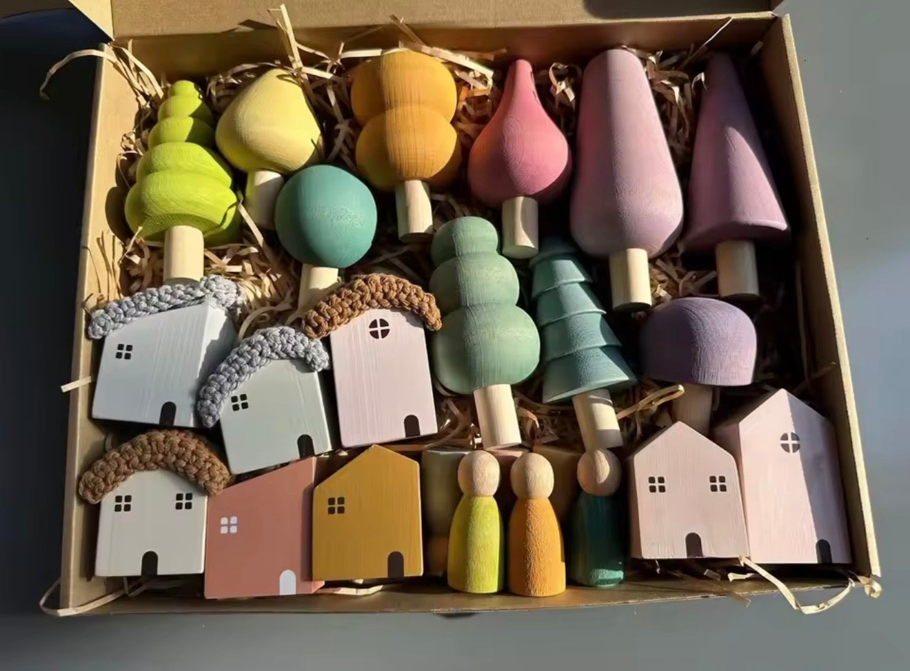 Wooden Village | Nordic and Rainbow/Pastel Trees with Houses for Open-ended Play