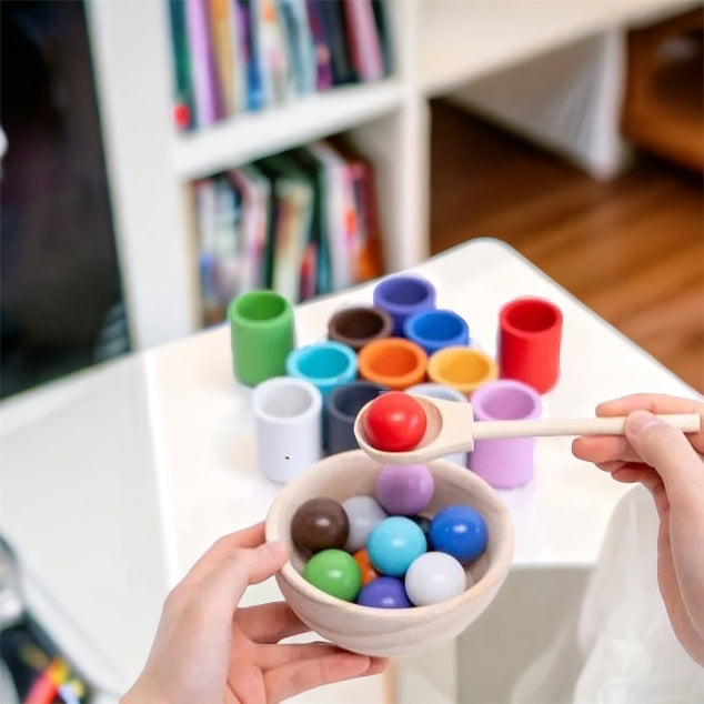 Wooden Colour matching, counting, sorting and stacking balls and cups for toddlers