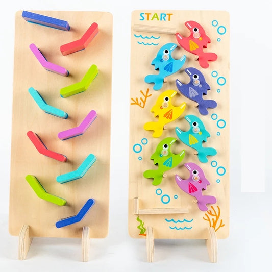Two Sided Wooden Car Race Track and Fish Ball Run Toy