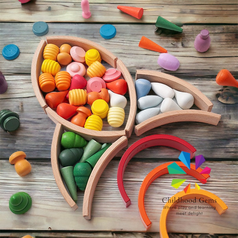 Wooden Mandala Loose Parts with Mini Rainbow and Mini Natural Wooden Building Blocks Play Set (252 Pcs )