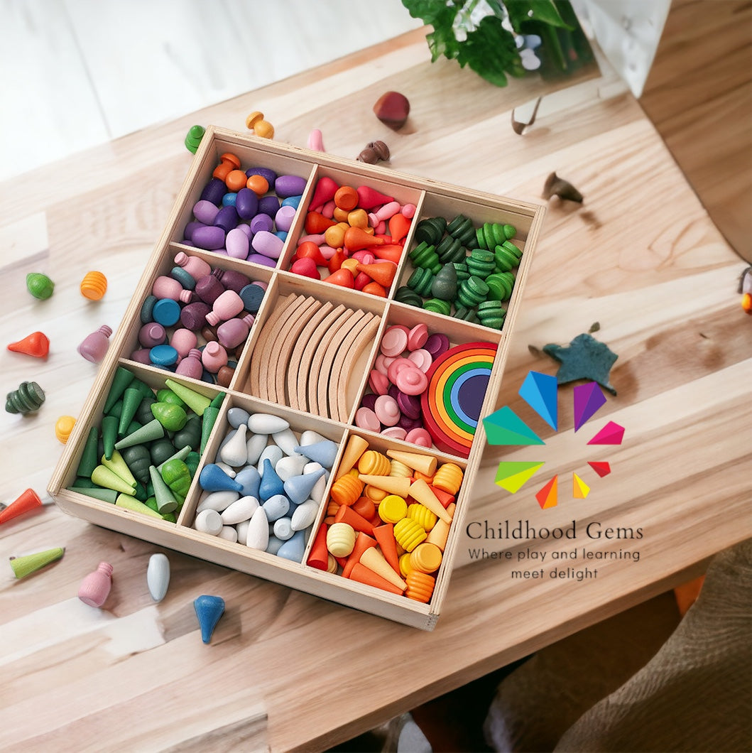 Wooden Mandala Loose Parts with Mini Rainbow and Mini Natural Wooden Building Blocks Play Set (252 Pcs )