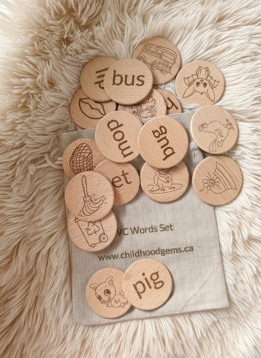 CVC Words & Picture Matching Flashcards (discs) - Natural Wooden Learning Set (24pcs)