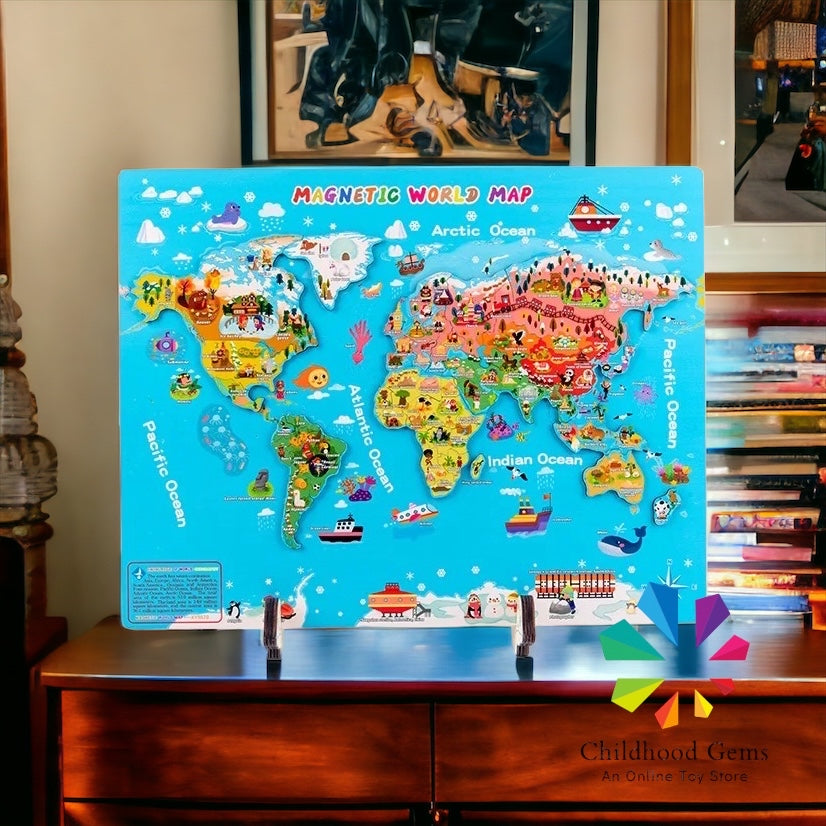 LARGE Wooden Magnetic World Map For Kids With Country Flash Cards (92) & National Flag CT