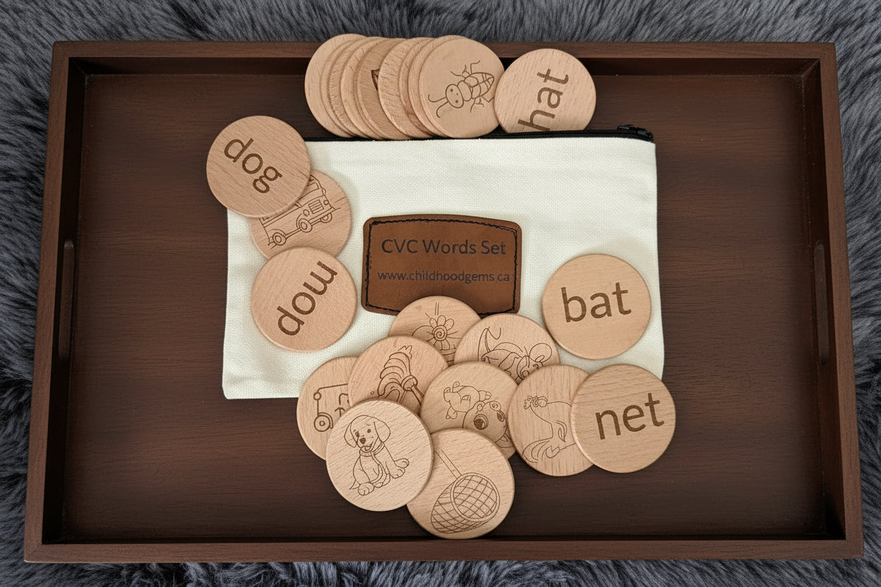 CVC Words & Picture Matching Flashcards (discs) - Natural Wooden Learning Set (24pcs)