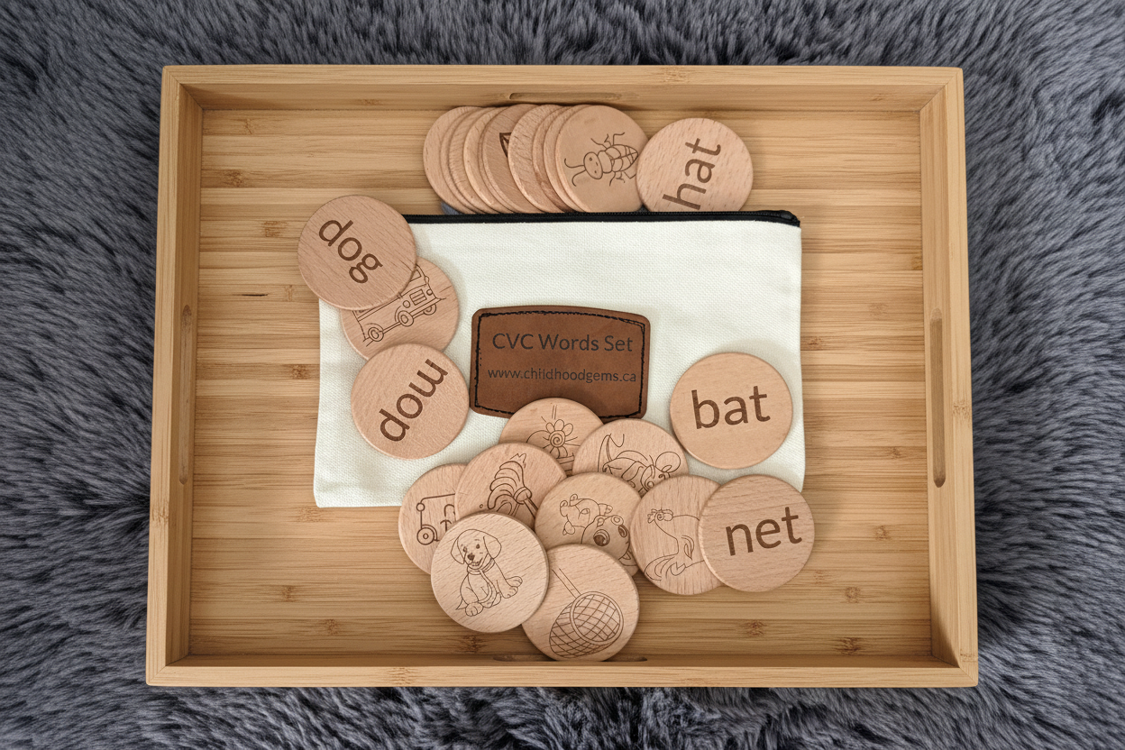 CVC Words & Picture Matching Flashcards (discs) - Natural Wooden Learning Set (24pcs)
