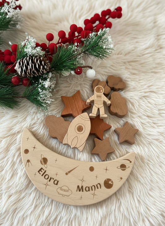 Customizable Wooden Astronaut, Moon, Cloud : Space Stacking Toy