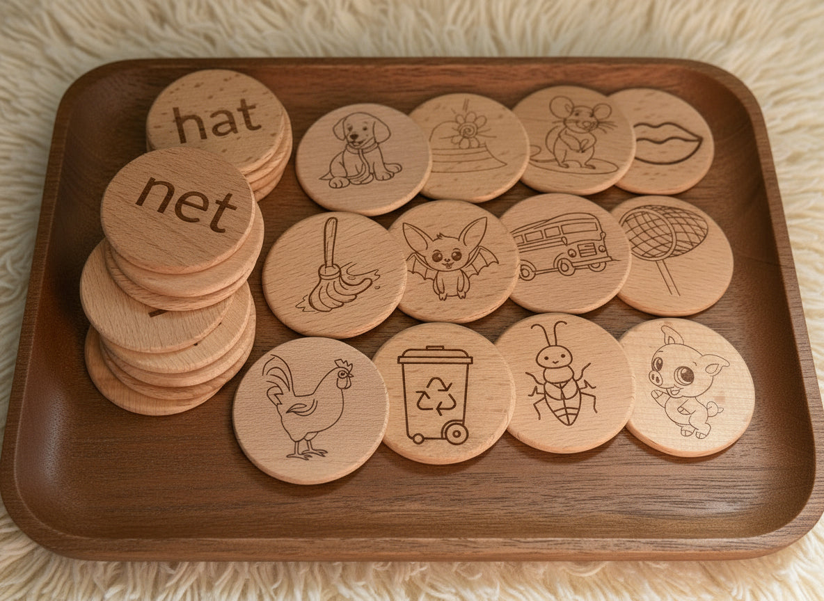 CVC Words & Picture Matching Flashcards (discs) - Natural Wooden Learn ...