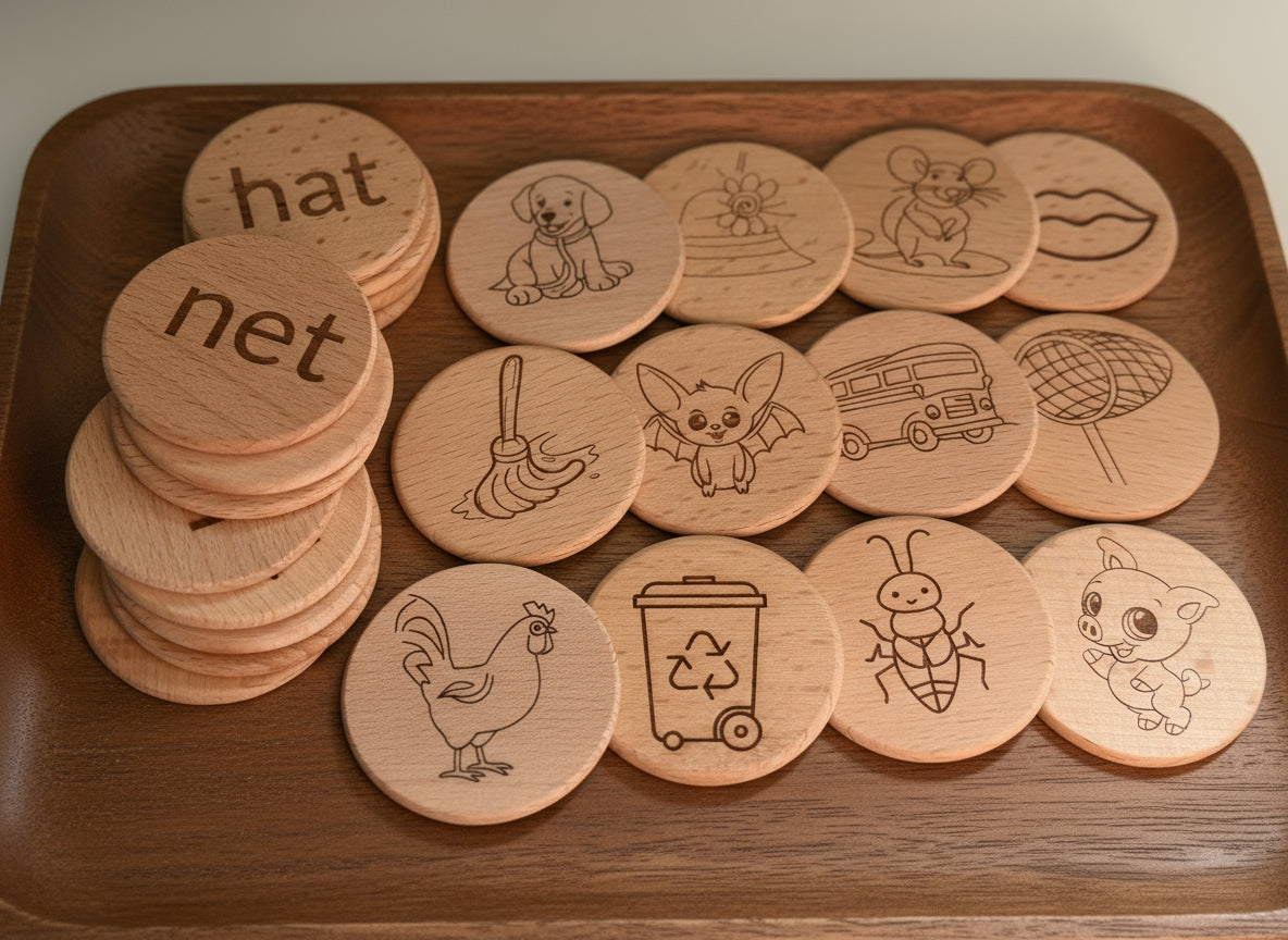 CVC Words & Picture Matching Flashcards (discs) - Natural Wooden Learning Set (24pcs)