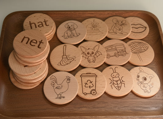 CVC Words & Picture Matching Flashcards (discs) - Natural Wooden Learning Set (24pcs)