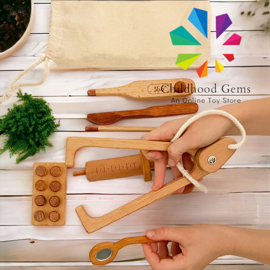 Medical Kit Toy - Doctor Wooden Pretend Play - Set of Medical Instruments in Bag