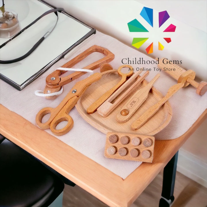 Medical Kit Toy - Doctor Wooden Pretend Play - Set of Medical Instruments in Bag
