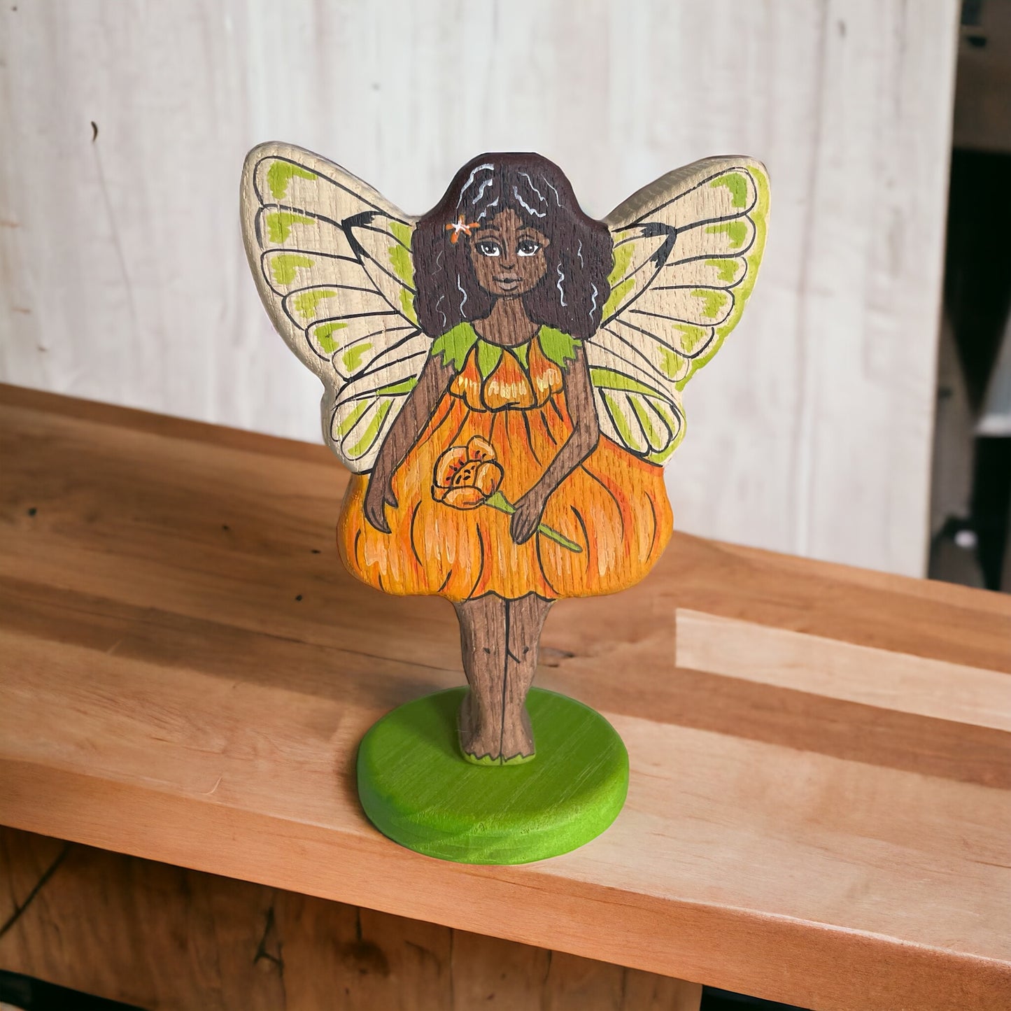 Wooden Yellow Fairy with Afro-American features