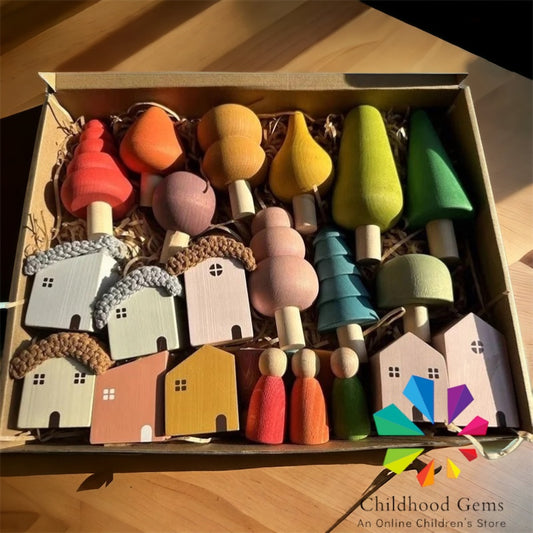 Wooden Village | Nordic and Rainbow/Pastel Trees with Houses for Open-ended Play