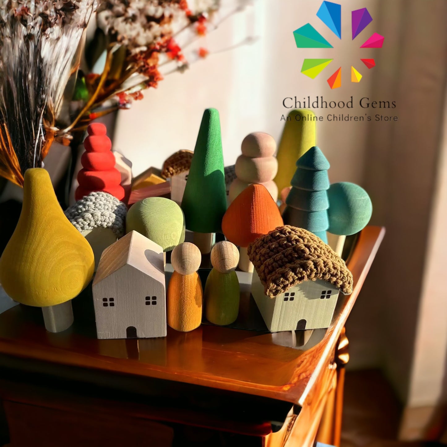 Wooden Village | Nordic and Rainbow/Pastel Trees with Houses for Open-ended Play