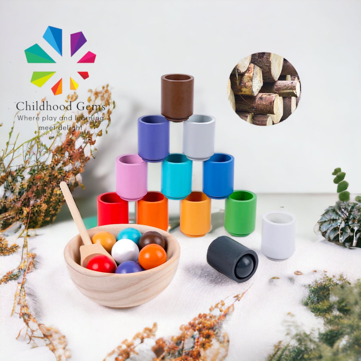Wooden Colour matching, counting, sorting and stacking balls and cups for toddlers