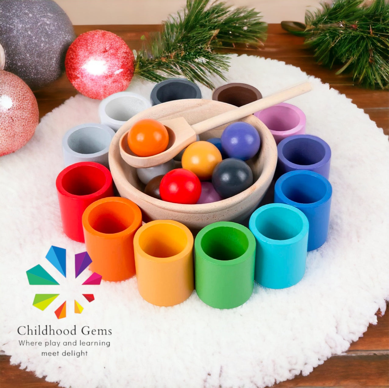 Wooden Colour matching, counting, sorting and stacking balls and cups for toddlers
