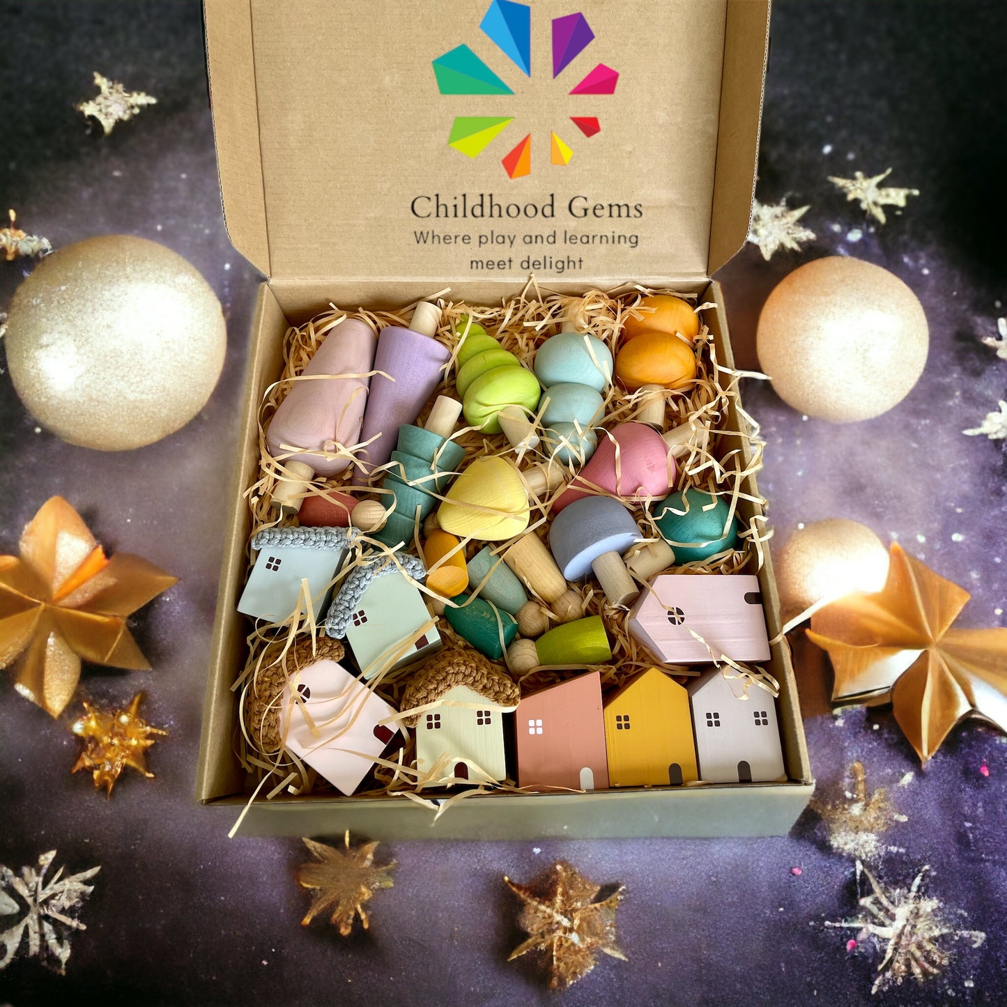 Wooden Village | Nordic and Rainbow/Pastel Trees with Houses for Open-ended Play