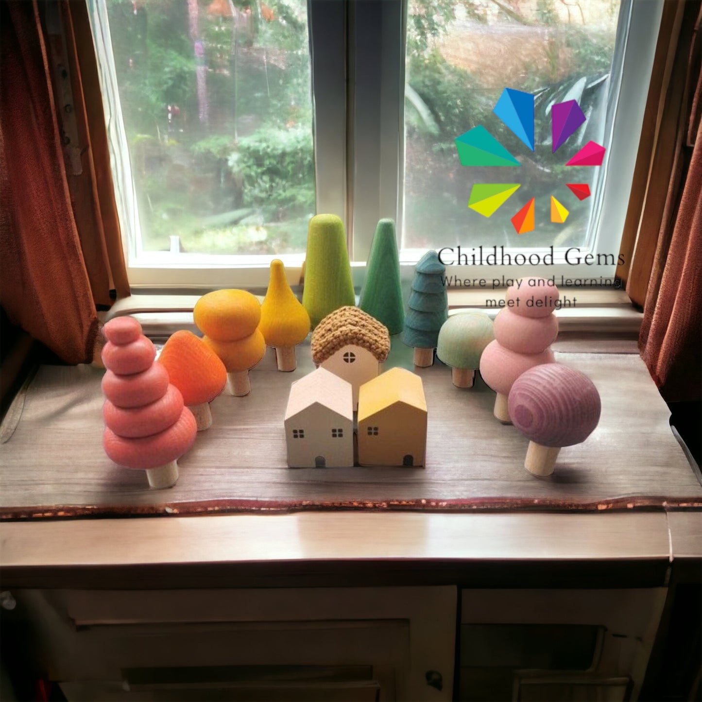 Wooden Village | Nordic and Rainbow/Pastel Trees with Houses for Open-ended Play