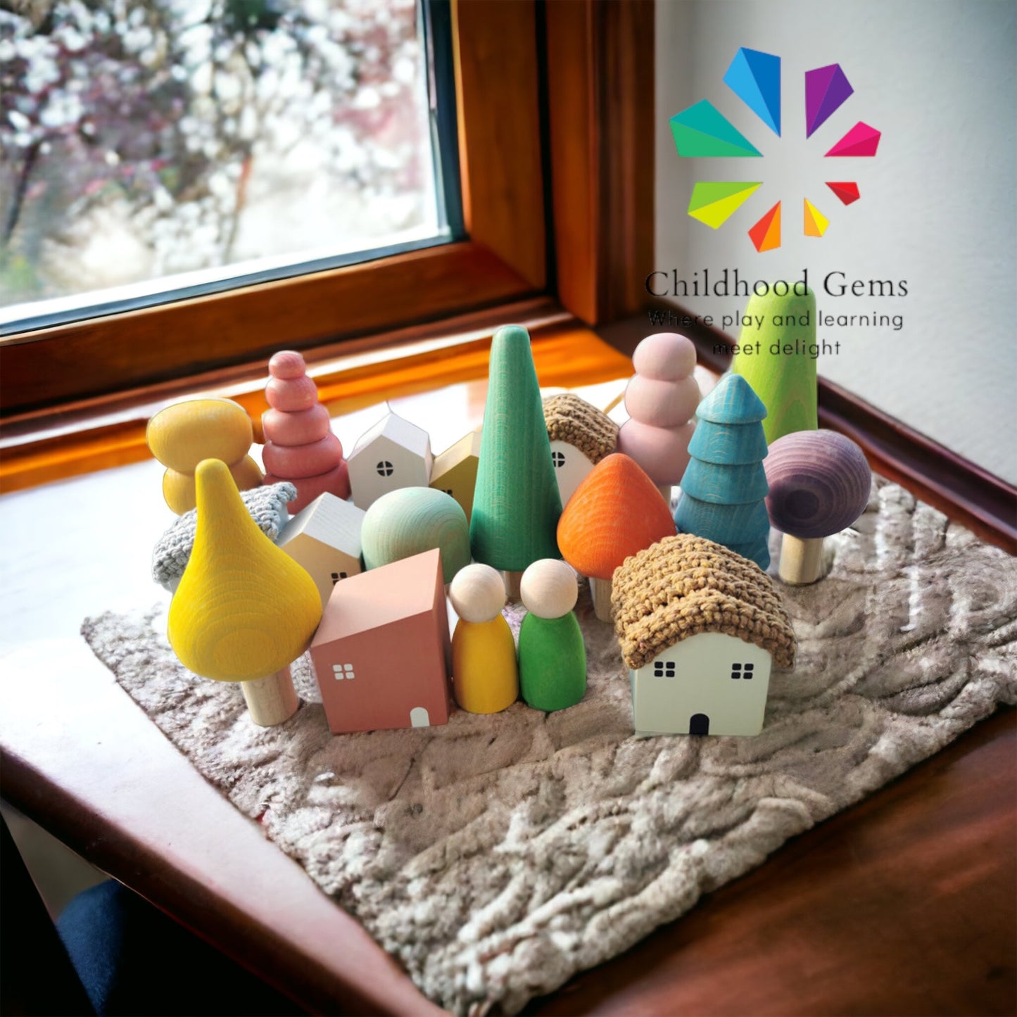 Wooden Village | Nordic and Rainbow/Pastel Trees with Houses for Open-ended Play