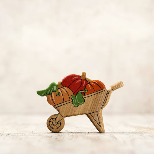 Wooden Wheelbarrow Figurine with Autumn Pumpkins