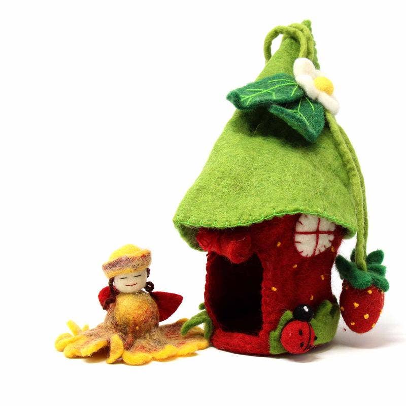 Global Crafts - Handcrafted Strawberry Felt Fairy House