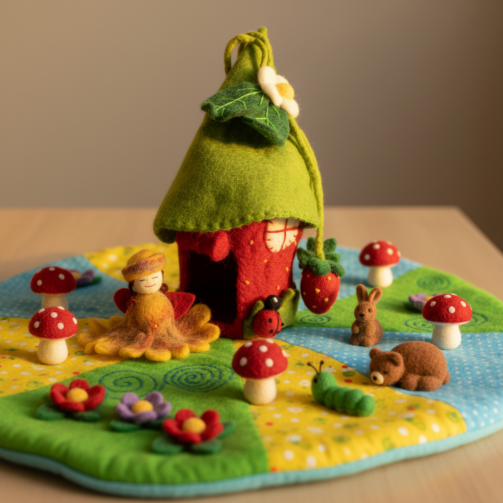 Handcrafted Strawberry Felt Fairy House and a fairy