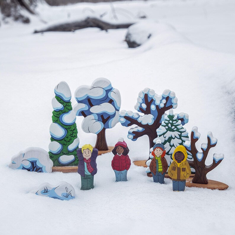 Wooden Boy Figurine in Violet Scarf – Handcrafted Winter Toy for Creative Play