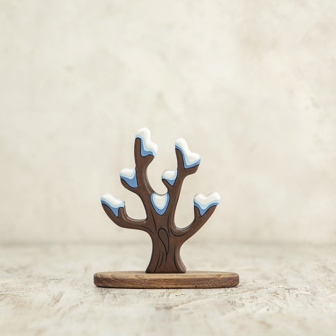 Wooden Caterpillar Winter Tree Toy with Snow Accents